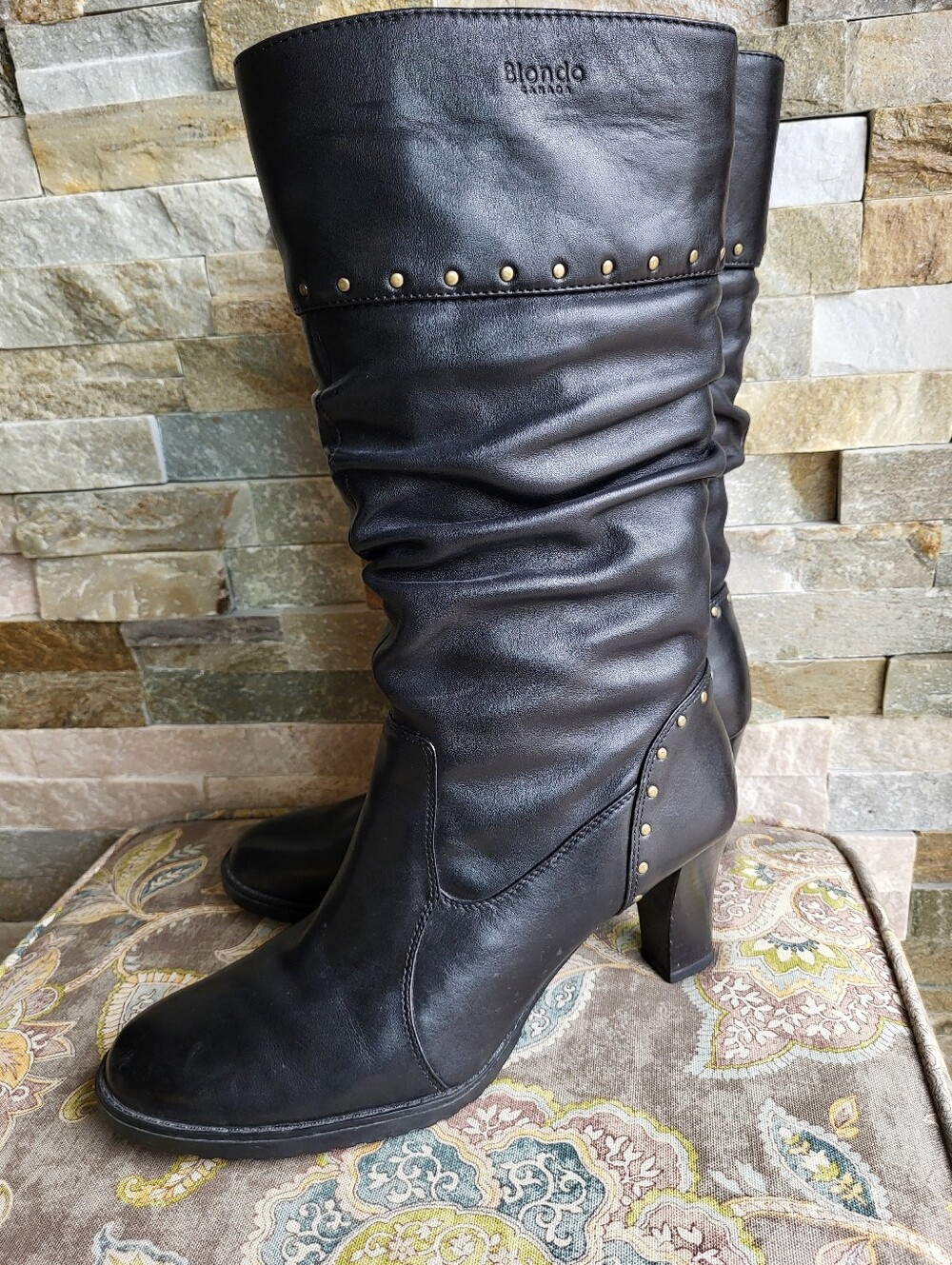 Blondo Black Slouchy Mid-Calf Leather Boots with Gold Studs
